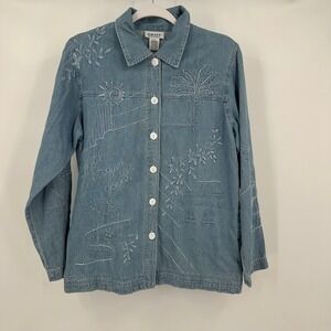 Womens Vintage Denim Chambray Shabby Chic Top‎ Size S Boho Eclectic Embroidered